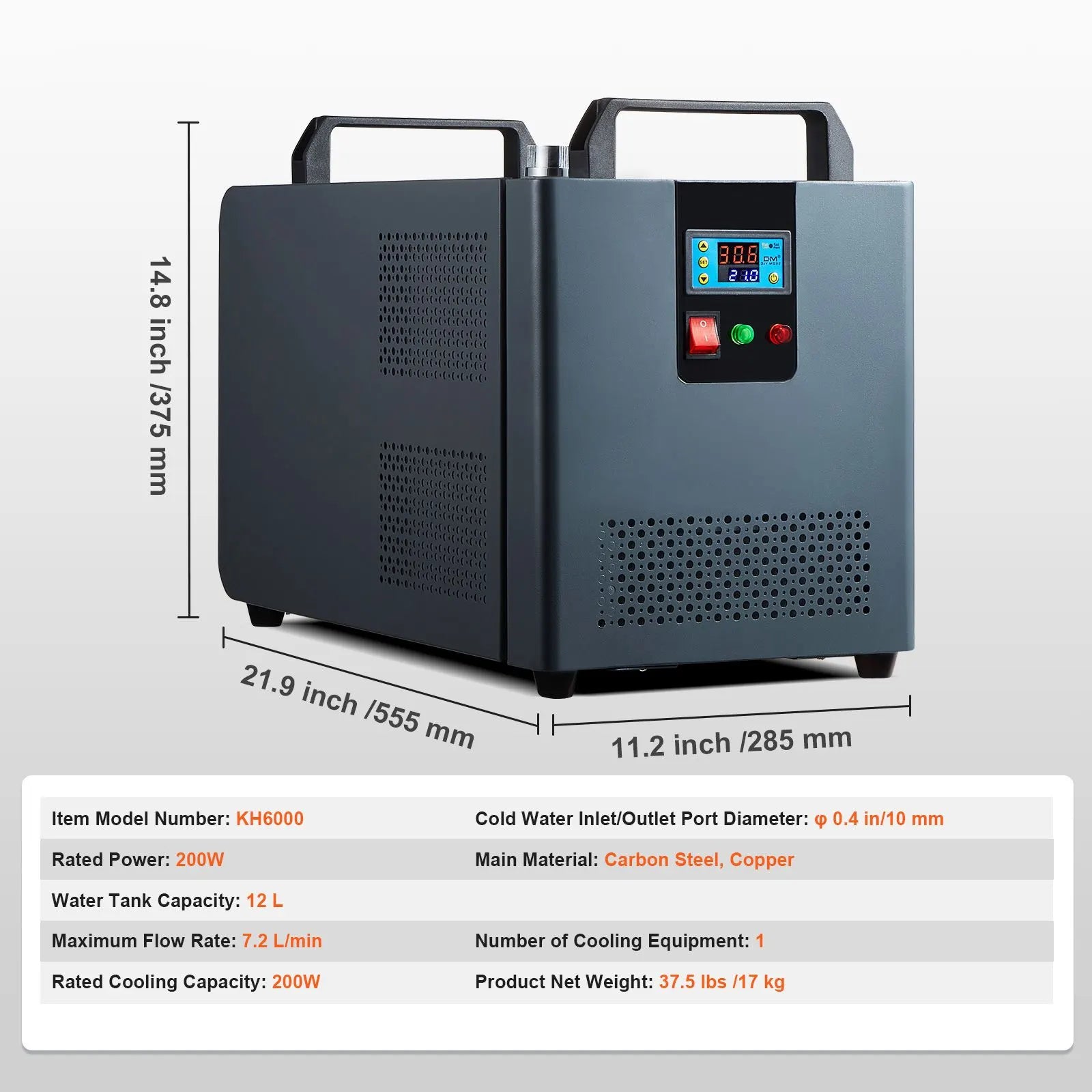 Industrial Water Chiller, KH-6000, 200W Industrial Water Cooler Cooling System with Compressor 12 L Water Tank Capacity 7.8 L/min Max Flow Rate, for CO2 Laser Engraving Machine Cooling Machine - Image 7