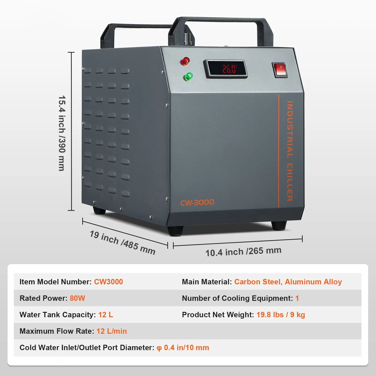 Industrial Water Chiller, CW-3000, 80W Air-Cooled Industrial Water Cooler Cooling System with 12 L Water Tank Capacity 12 L/min Maximum Flow Rate, for Laser Engraving Machine Cooling Machine - Image 7