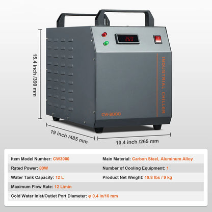 Industrial Water Chiller, CW-3000, 80W Air-Cooled Industrial Water Cooler Cooling System with 12 L Water Tank Capacity 12 L/min Maximum Flow Rate, for Laser Engraving Machine Cooling Machine - Image 7