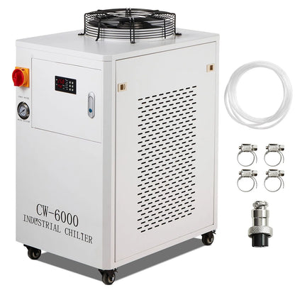 Industrial Water Chiller, CW6000, 1500W Industrial Water Cooler Cooling System with Compressor 15L Water Tank Capacity 65 L/min Max Flow Rate, for CO2 Laser Engraving Machine Cooling Machine