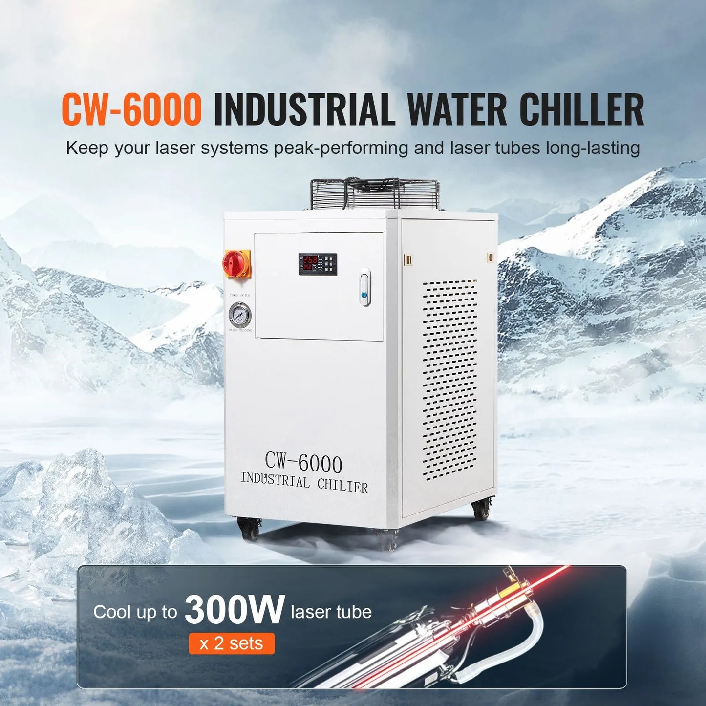 Industrial Water Chiller, CW6000, 1500W Industrial Water Cooler Cooling System with Compressor 15L Water Tank Capacity 65 L/min Max Flow Rate, for CO2 Laser Engraving Machine Cooling Machine - Image 2