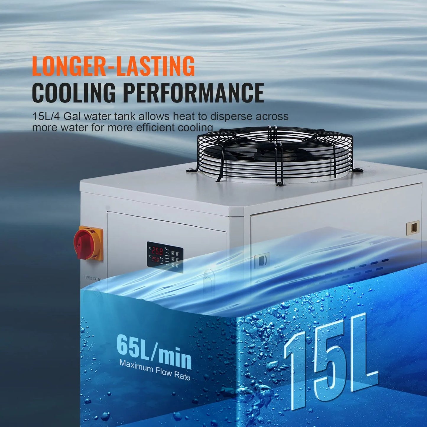 Industrial Water Chiller, CW6000, 1500W Industrial Water Cooler Cooling System with Compressor 15L Water Tank Capacity 65 L/min Max Flow Rate, for CO2 Laser Engraving Machine Cooling Machine - Image 4