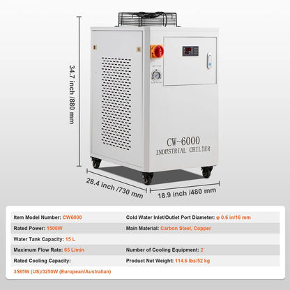 Industrial Water Chiller, CW6000, 1500W Industrial Water Cooler Cooling System with Compressor 15L Water Tank Capacity 65 L/min Max Flow Rate, for CO2 Laser Engraving Machine Cooling Machine - Image 7