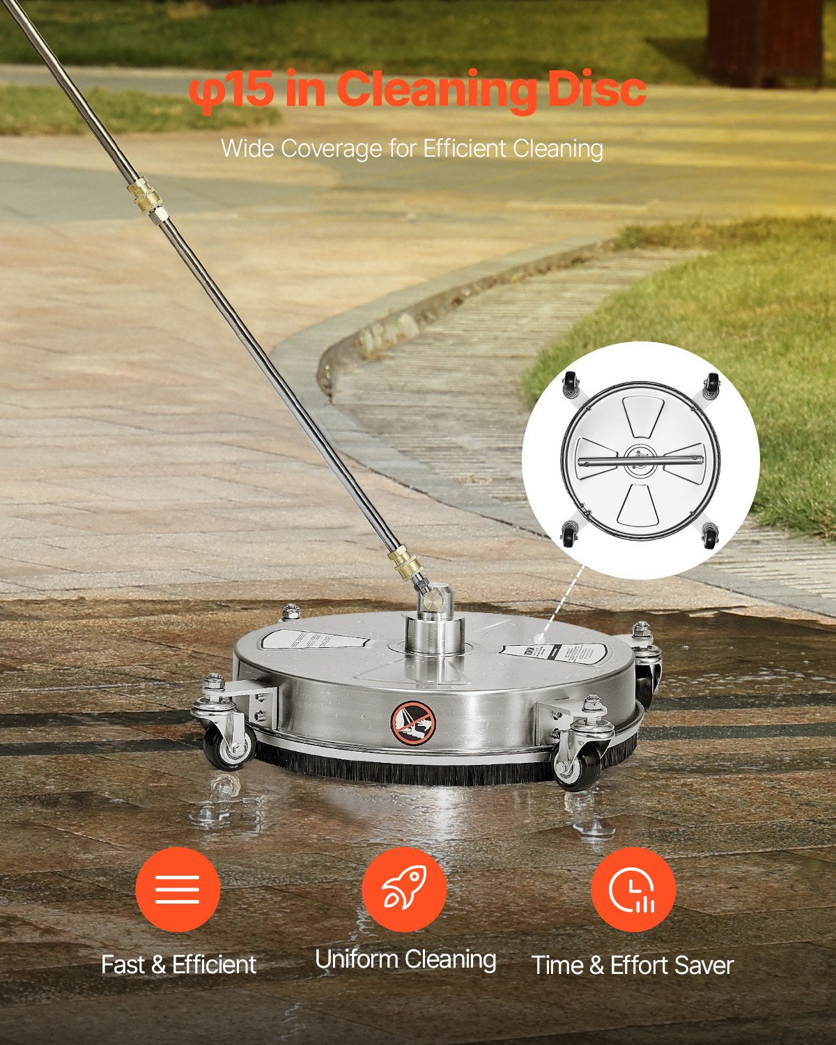 15" Pressure Washer Surface Cleaner 4 Wheels 4000 Max PSI 2 Extended Wands - Image 2