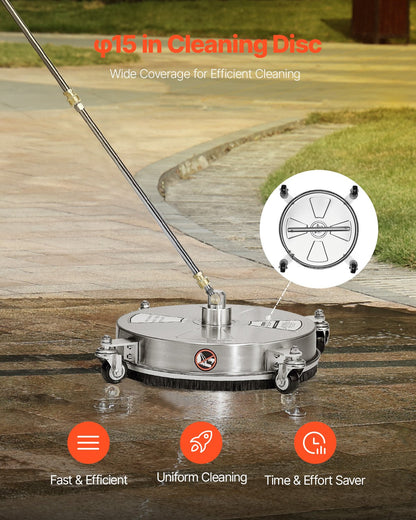 15" Pressure Washer Surface Cleaner 4 Wheels 4000 Max PSI 2 Extended Wands - Image 2