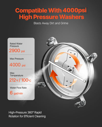 24" Pressure Washer Surface Cleaner, Stainless Steel Pressure Washer Attachments with 4 Wheels, 4000 Max PSI, 3/8 Quick Connector, 2 Spray Nozzles, Dual Handle, for Concrete, Patio, Sidewalk - Image 4