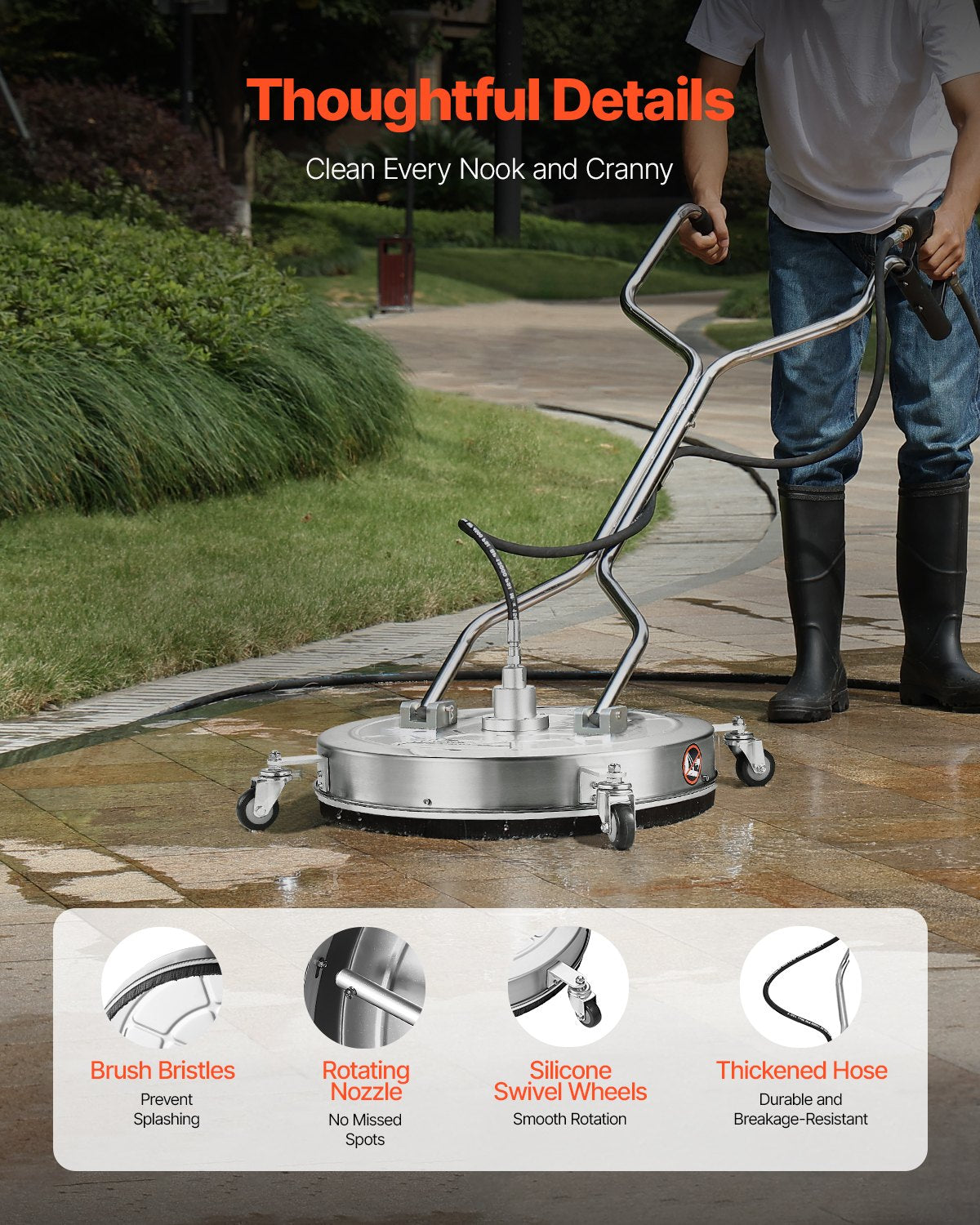 24" Pressure Washer Surface Cleaner, Stainless Steel Pressure Washer Attachments with 4 Wheels, 4000 Max PSI, 3/8 Quick Connector, 2 Spray Nozzles, Dual Handle, for Concrete, Patio, Sidewalk - Image 5