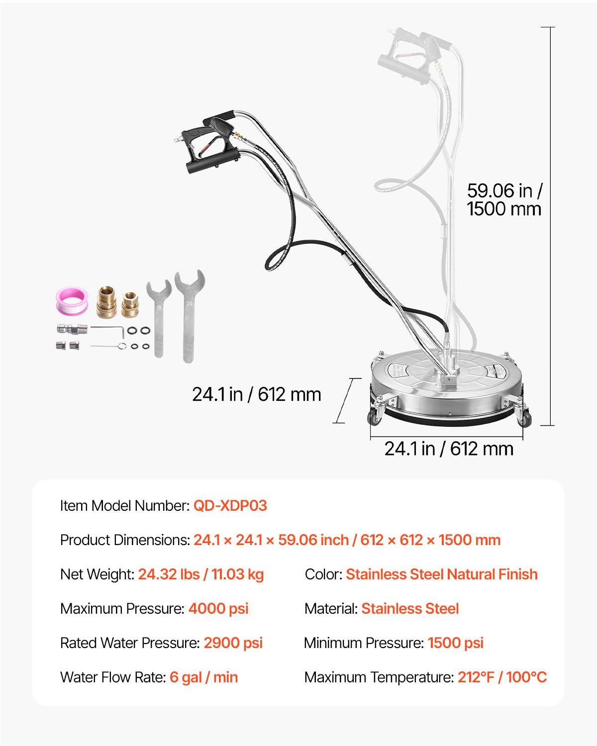 24" Pressure Washer Surface Cleaner, Stainless Steel Pressure Washer Attachments with 4 Wheels, 4000 Max PSI, 3/8 Quick Connector, 2 Spray Nozzles, Dual Handle, for Concrete, Patio, Sidewalk - Image 7