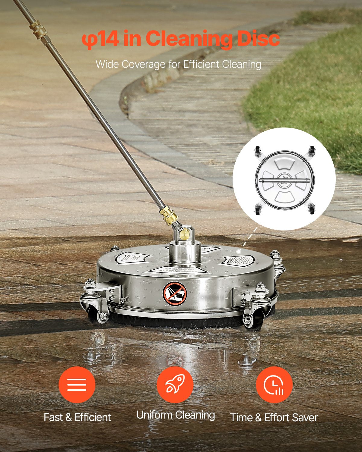 14" Pressure Washer Surface Cleaner, Stainless Steel Pressure Washer Attachments with 4 Wheels, 4000 Max PSI, 1/4 Quick Connector, 2 Spray Nozzles, 2 Extended Wands for Concrete, Patio, Deck - Image 2
