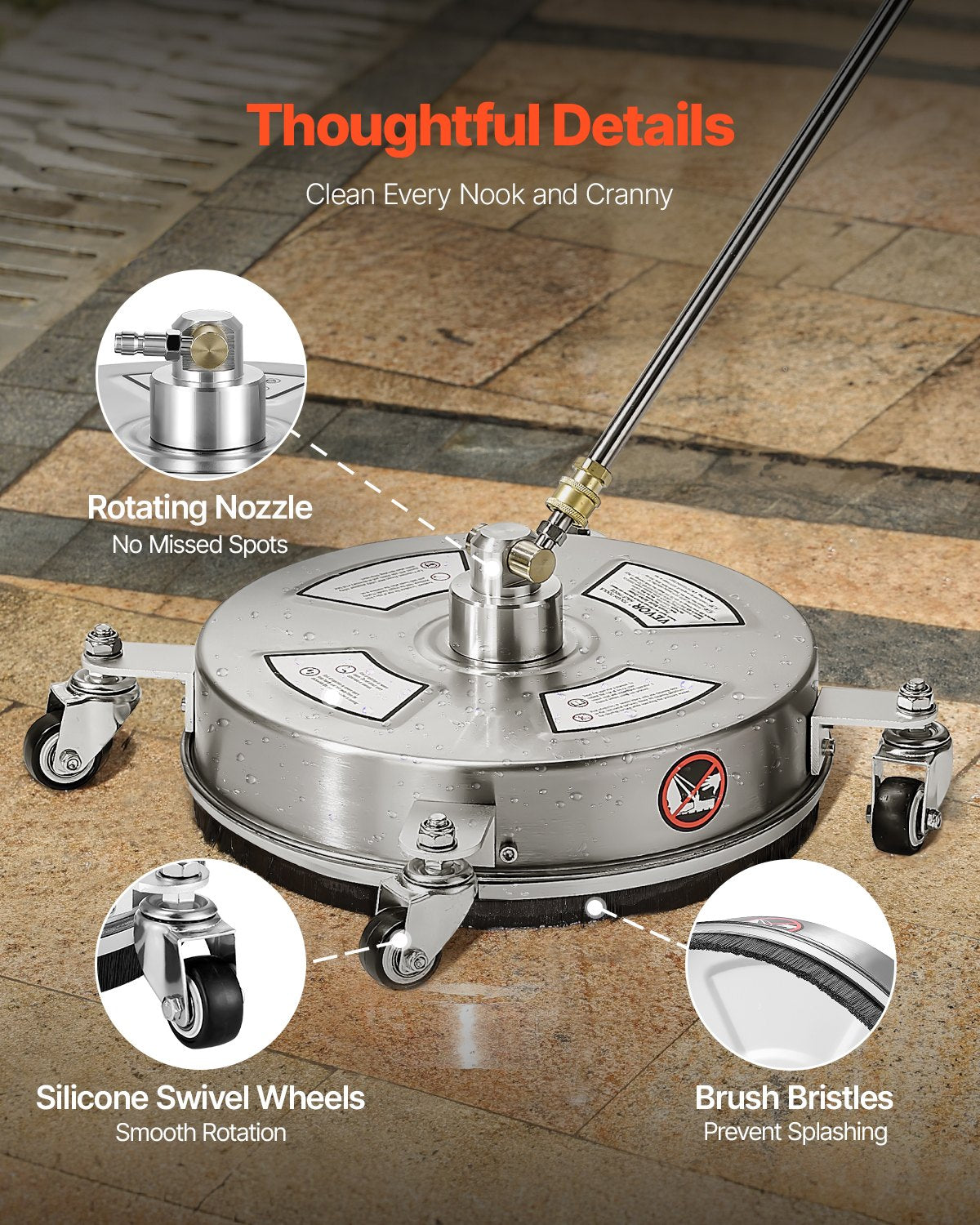 14" Pressure Washer Surface Cleaner, Stainless Steel Pressure Washer Attachments with 4 Wheels, 4000 Max PSI, 1/4 Quick Connector, 2 Spray Nozzles, 2 Extended Wands for Concrete, Patio, Deck - Image 5