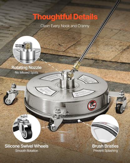 14" Pressure Washer Surface Cleaner, Stainless Steel Pressure Washer Attachments with 4 Wheels, 4000 Max PSI, 1/4 Quick Connector, 2 Spray Nozzles, 2 Extended Wands for Concrete, Patio, Deck - Image 5
