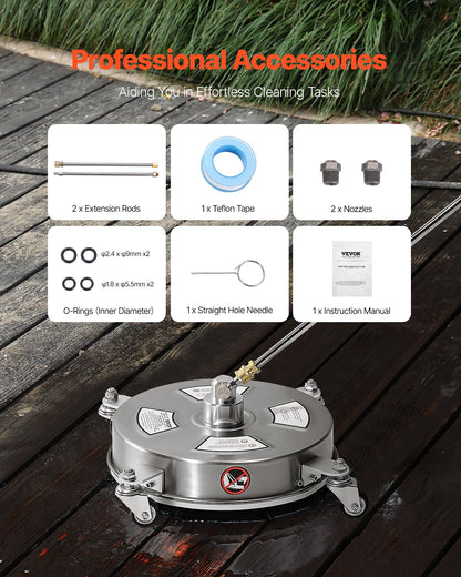 14" Pressure Washer Surface Cleaner, Stainless Steel Pressure Washer Attachments with 4 Wheels, 4000 Max PSI, 1/4 Quick Connector, 2 Spray Nozzles, 2 Extended Wands for Concrete, Patio, Deck - Image 6