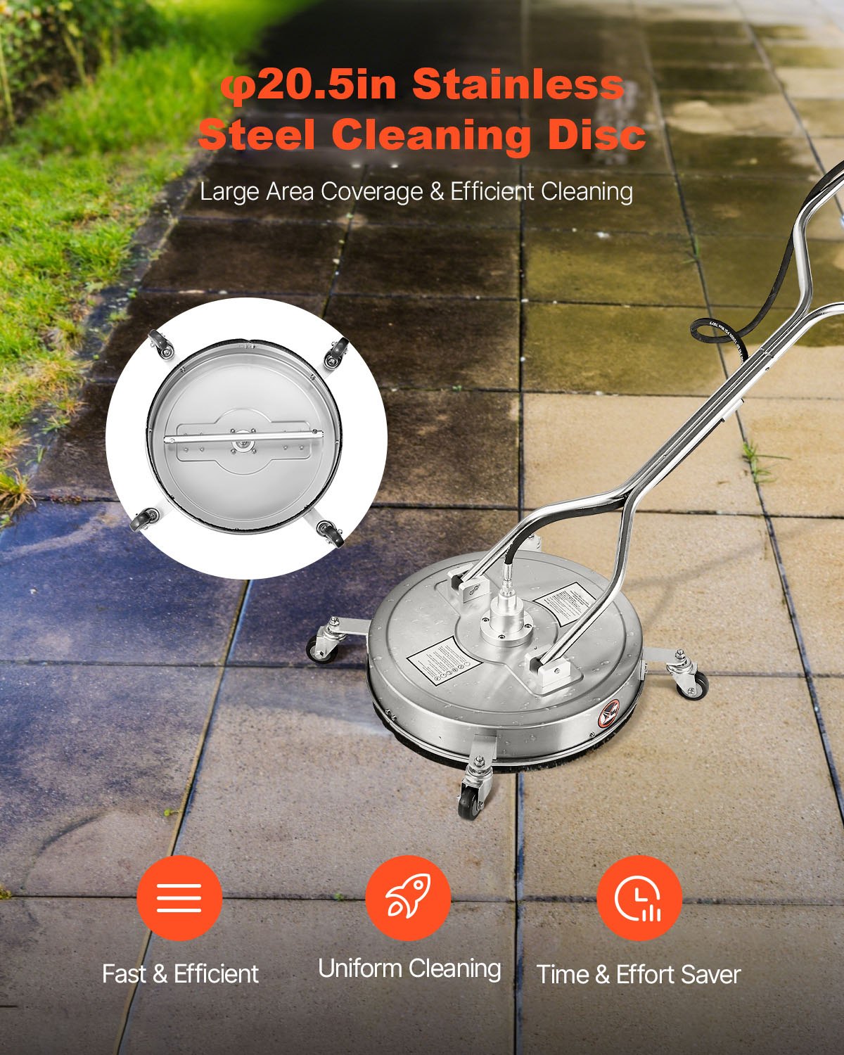 20" Pressure Washer Surface Cleaner, Stainless Steel Pressure Washer Attachments with 4 Wheels, 4500 Max PSI, 3/8 Quick Connector, 2 Spray Nozzles, Dual Handle, for Concrete, Patio, Sidewalk - Image 2