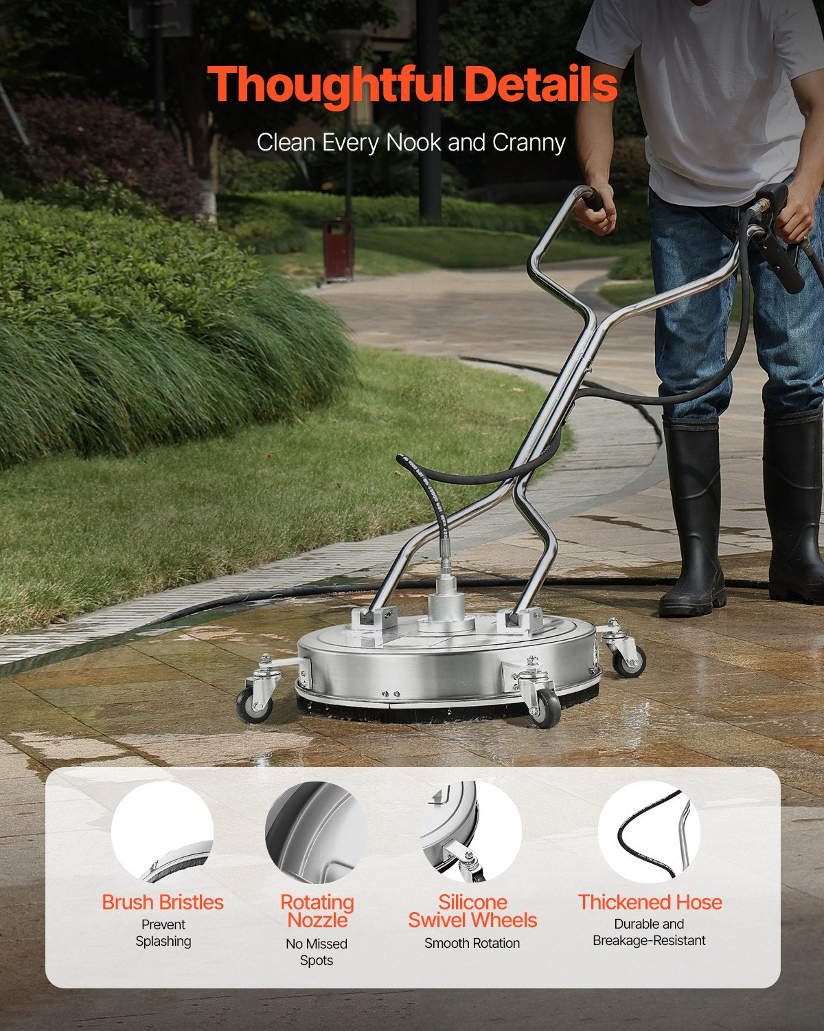 20" Pressure Washer Surface Cleaner, Stainless Steel Pressure Washer Attachments with 4 Wheels, 4500 Max PSI, 3/8 Quick Connector, 2 Spray Nozzles, Dual Handle, for Concrete, Patio, Sidewalk - Image 5