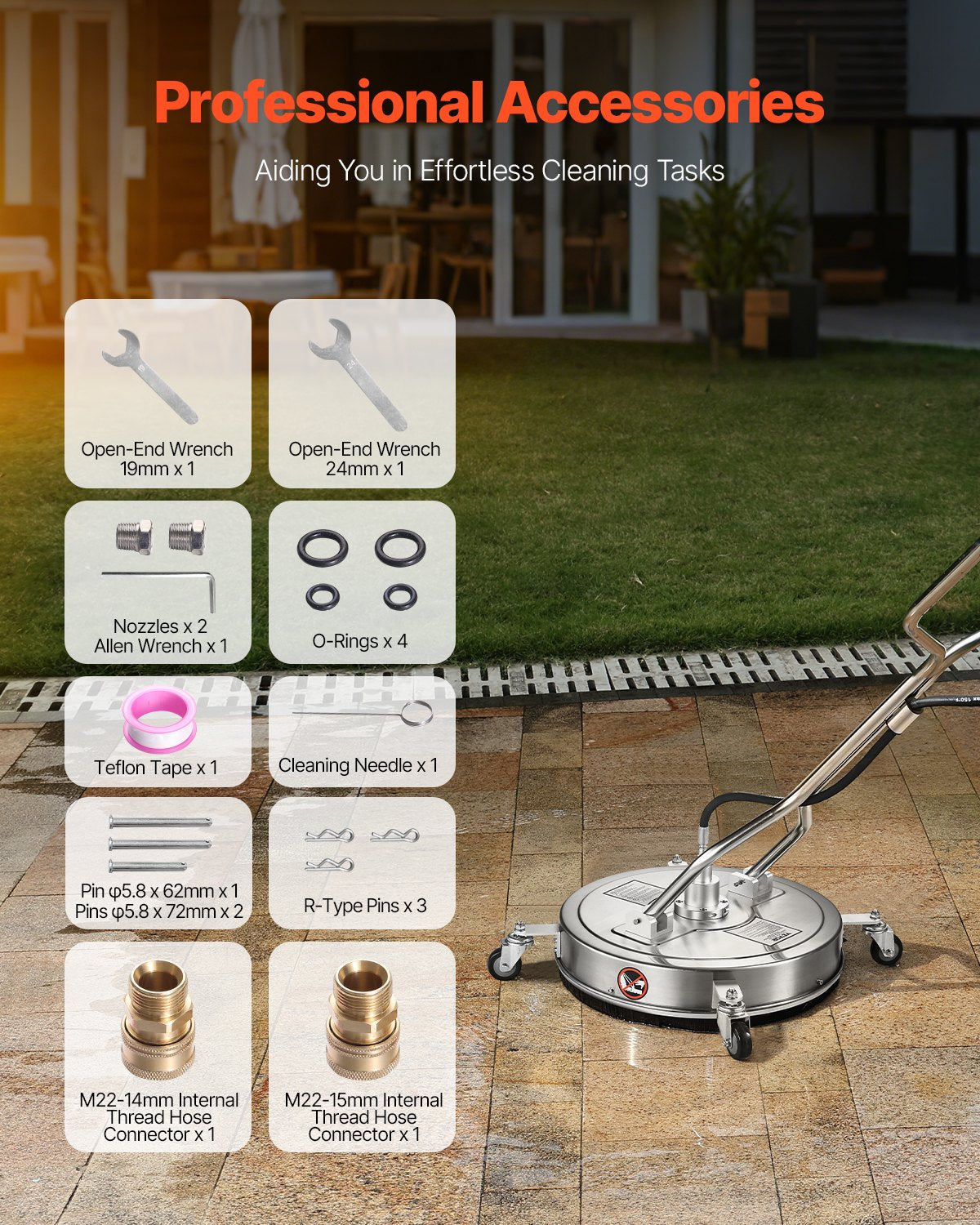 20" Pressure Washer Surface Cleaner, Stainless Steel Pressure Washer Attachments with 4 Wheels, 4500 Max PSI, 3/8 Quick Connector, 2 Spray Nozzles, Dual Handle, for Concrete, Patio, Sidewalk - Image 6
