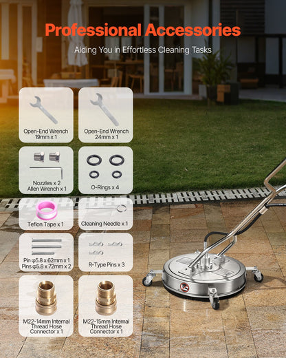 20" Pressure Washer Surface Cleaner, Stainless Steel Pressure Washer Attachments with 4 Wheels, 4500 Max PSI, 3/8 Quick Connector, 2 Spray Nozzles, Dual Handle, for Concrete, Patio, Sidewalk - Image 6
