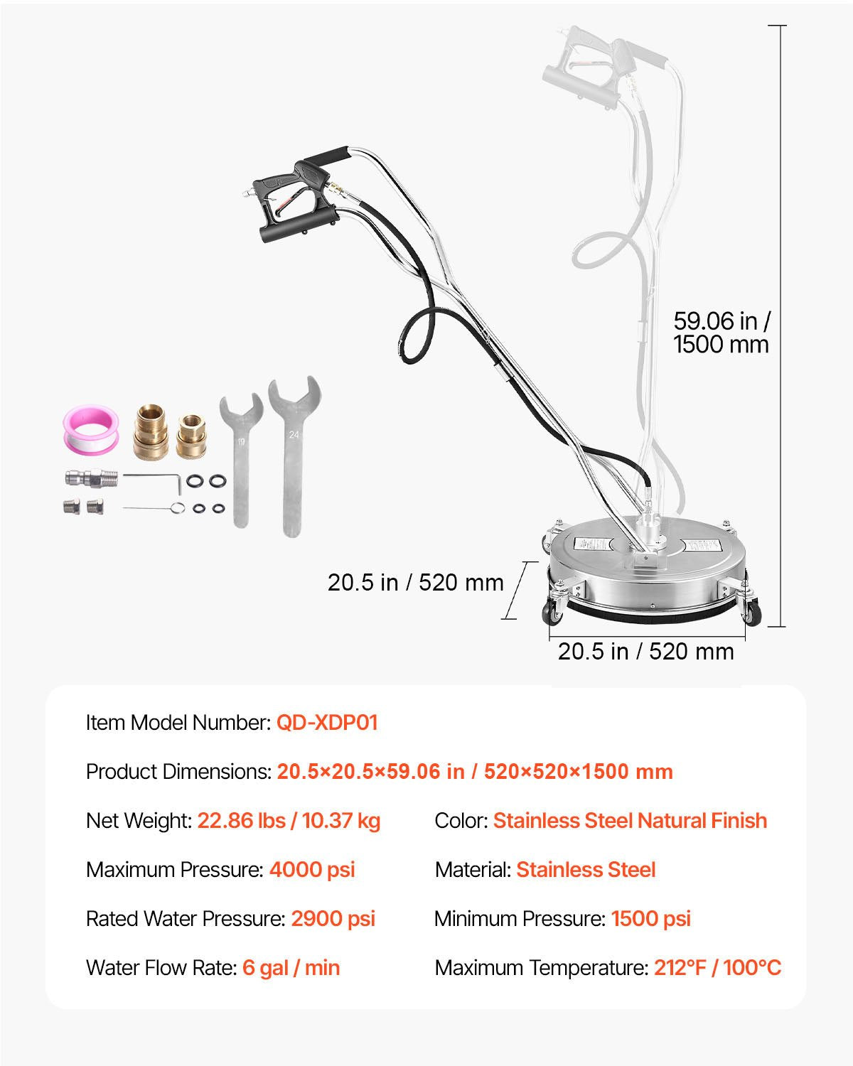 20" Pressure Washer Surface Cleaner, Stainless Steel Pressure Washer Attachments with 4 Wheels, 4500 Max PSI, 3/8 Quick Connector, 2 Spray Nozzles, Dual Handle, for Concrete, Patio, Sidewalk - Image 7