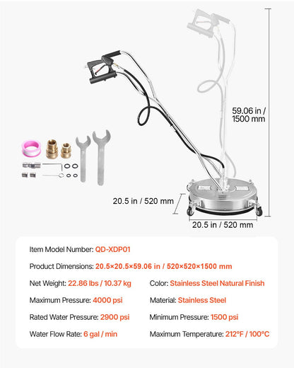 20" Pressure Washer Surface Cleaner, Stainless Steel Pressure Washer Attachments with 4 Wheels, 4500 Max PSI, 3/8 Quick Connector, 2 Spray Nozzles, Dual Handle, for Concrete, Patio, Sidewalk - Image 7