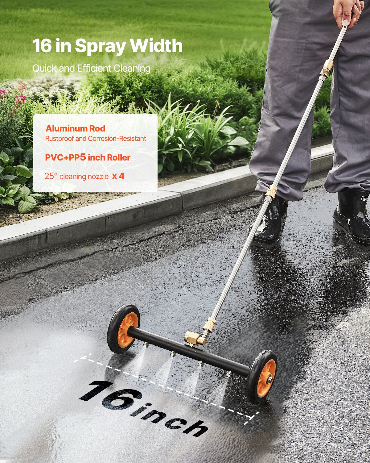 16" Pressure Washer Undercarriage Cleaner, Stainless Steel Surface Cleaner for Pressure Washer, 4000 Max PSI, Angle Adjustment Gear, 4 Spray Nozzles, 2 Extended Wands for Driveway, Patio, Deck - Image 2