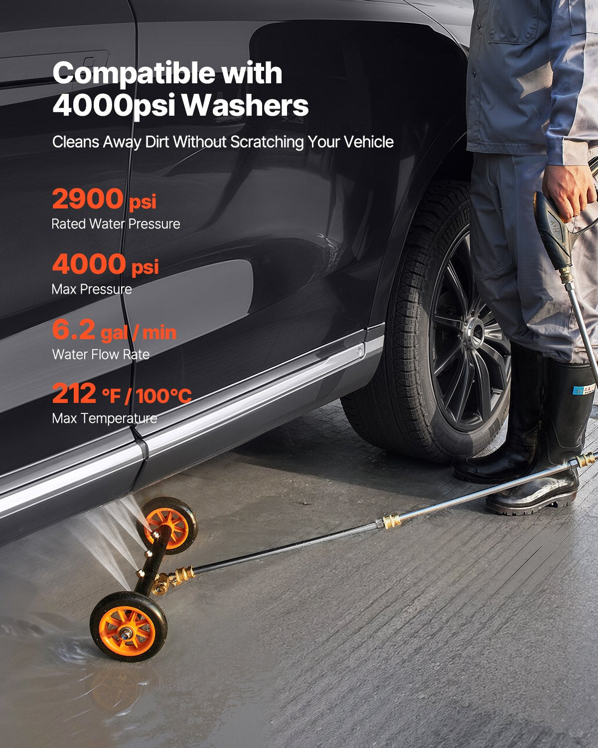 16" Pressure Washer Undercarriage Cleaner, Stainless Steel Surface Cleaner for Pressure Washer, 4000 Max PSI, Angle Adjustment Gear, 4 Spray Nozzles, 2 Extended Wands for Driveway, Patio, Deck - Image 3