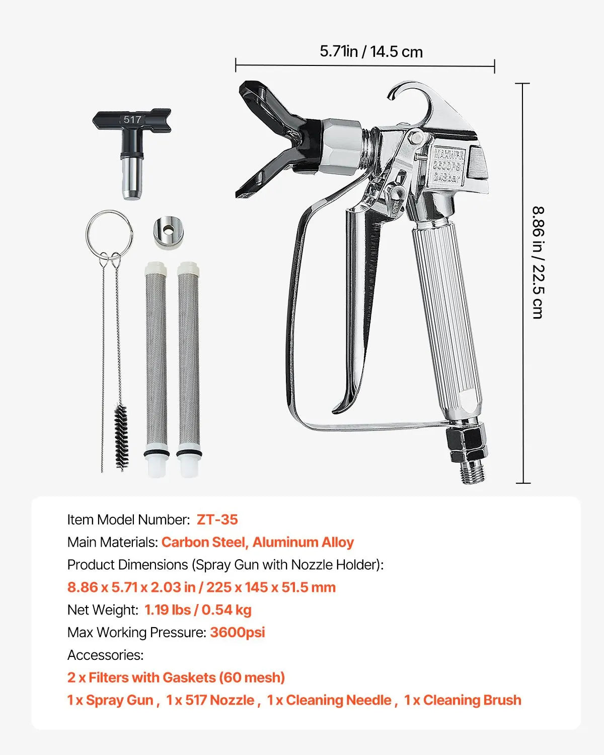 Airless Paint Spray Gun 3600PSI High Pressure Airless Spray Gun 517 Tip - Image 7