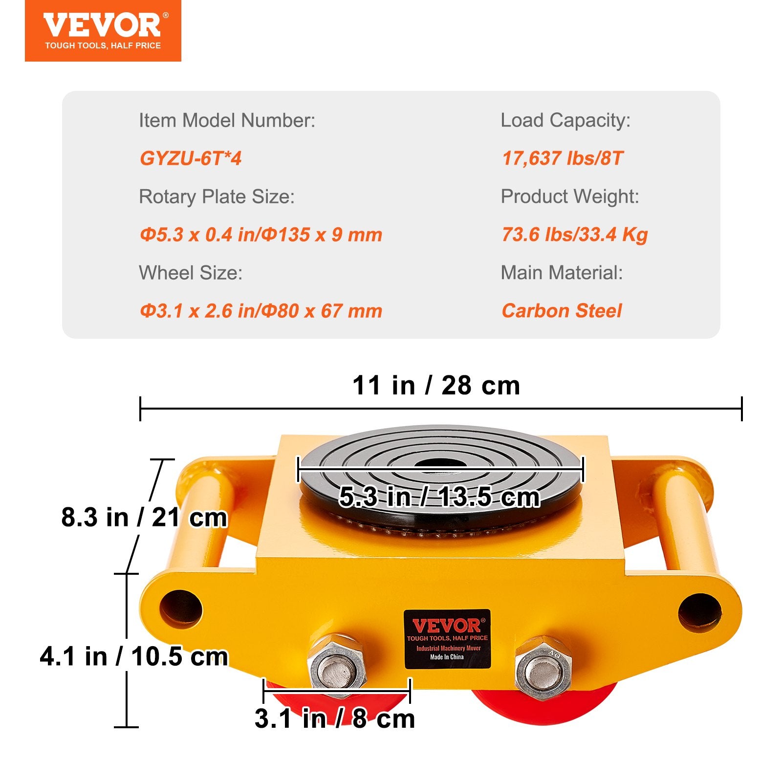 4PCS Machinery Skate Dolly, 17637LBS/8T Industrial Machinery Mover, Heavy Duty Carbon Steel Machinery Moving Skate with 4 PU Wheels and 360° Rotation Non-Slip Cap for Warehouse Workshop Factory - Image 7