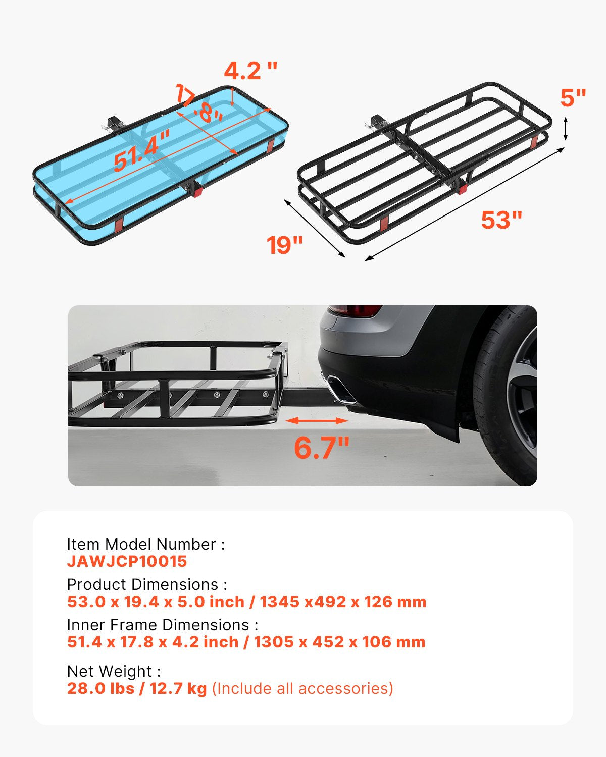 53" x 19" x 5", Hitch Cargo Carrier, 500 lbs Capacity Hitch Cargo Carrier with Hitch Stabilizer & Ratchet Straps, Hitch Mount Cargo Carrier with Cargo Net with Hook, Fit for SUVs - Image 7