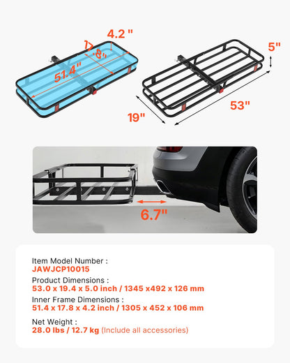 53" x 19" x 5", Hitch Cargo Carrier, 500 lbs Capacity Hitch Cargo Carrier with Hitch Stabilizer & Ratchet Straps, Hitch Mount Cargo Carrier with Cargo Net with Hook, Fit for SUVs - Image 7