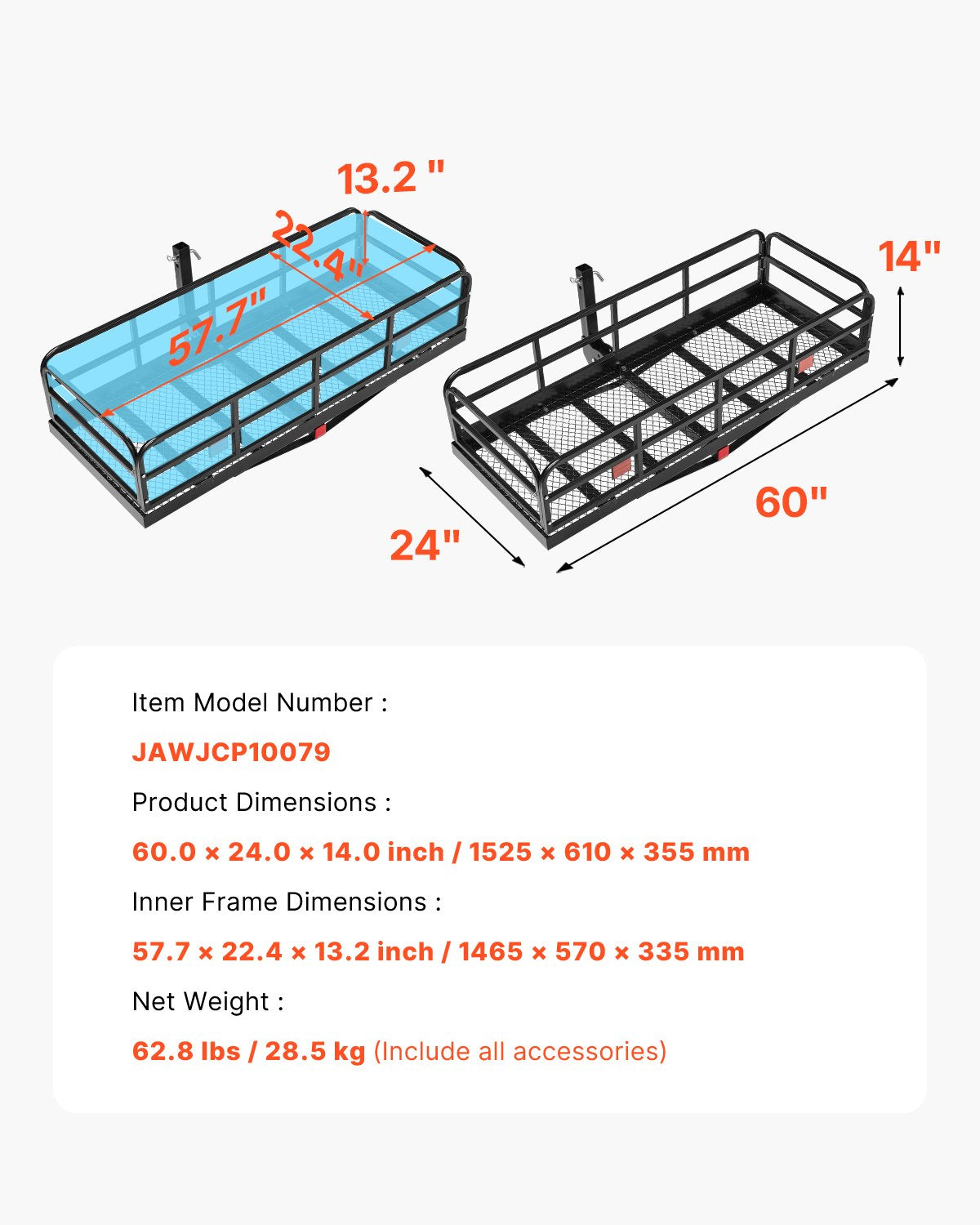 60" x 24" x 14", Hitch Cargo Carrier, 500 lbs Capacity Hitch Cargo Carrier with Anti-Rattle Hitch Stabilizer, Folding Hitch Mount Cargo Carrier with Pins and Latches, Fit for SUVs/Pickup Trucks - Image 7