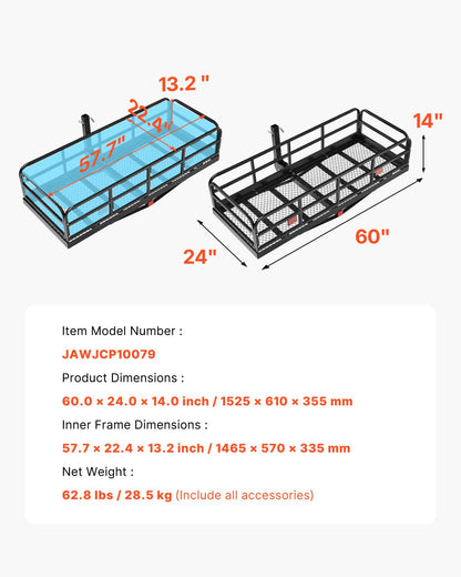60" x 24" x 14", Hitch Cargo Carrier, 500 lbs Capacity Hitch Cargo Carrier with Anti-Rattle Hitch Stabilizer, Folding Hitch Mount Cargo Carrier with Pins and Latches, Fit for SUVs/Pickup Trucks - Image 7