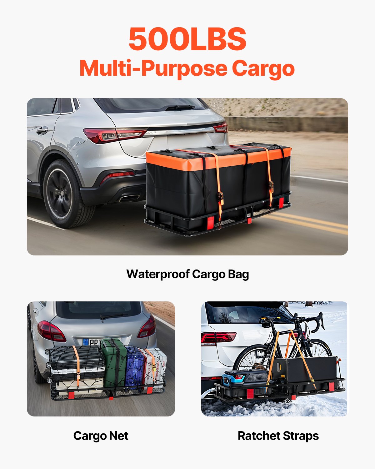 60" x 24" x 6", Hitch Cargo Carrier, 500 lbs Capacity Hitch Cargo Carrier with Cargo Net with Hook & Waterproof Cargo Bag, Folding Hitch Mount Cargo Carrier with Ratchet Straps, Fit for SUVs - Image 2