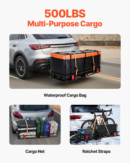 60" x 24" x 6", Hitch Cargo Carrier, 500 lbs Capacity Hitch Cargo Carrier with Cargo Net with Hook & Waterproof Cargo Bag, Folding Hitch Mount Cargo Carrier with Ratchet Straps, Fit for SUVs - Image 2