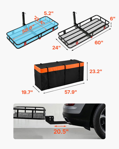 60" x 24" x 6", Hitch Cargo Carrier, 500 lbs Capacity Hitch Cargo Carrier with Cargo Net with Hook & Waterproof Cargo Bag, Folding Hitch Mount Cargo Carrier with Ratchet Straps, Fit for SUVs - Image 3