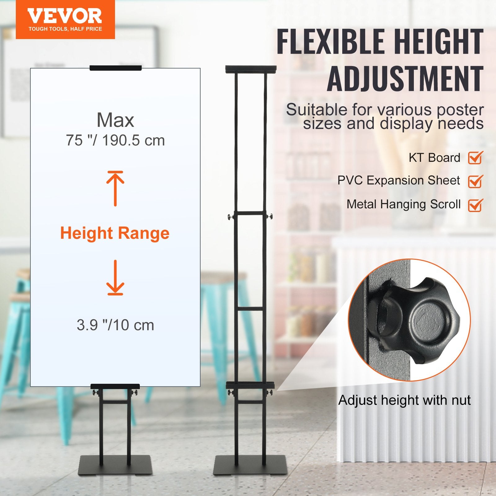 Poster Stand, Adjustable Height Up to 75", Double-Sided Heavy Duty Pedestal Sign Holder, Floor Standing Sign Holder Banner Stand with Shock-absorbing Base for Display, for Board and Foam, Black - Image 2