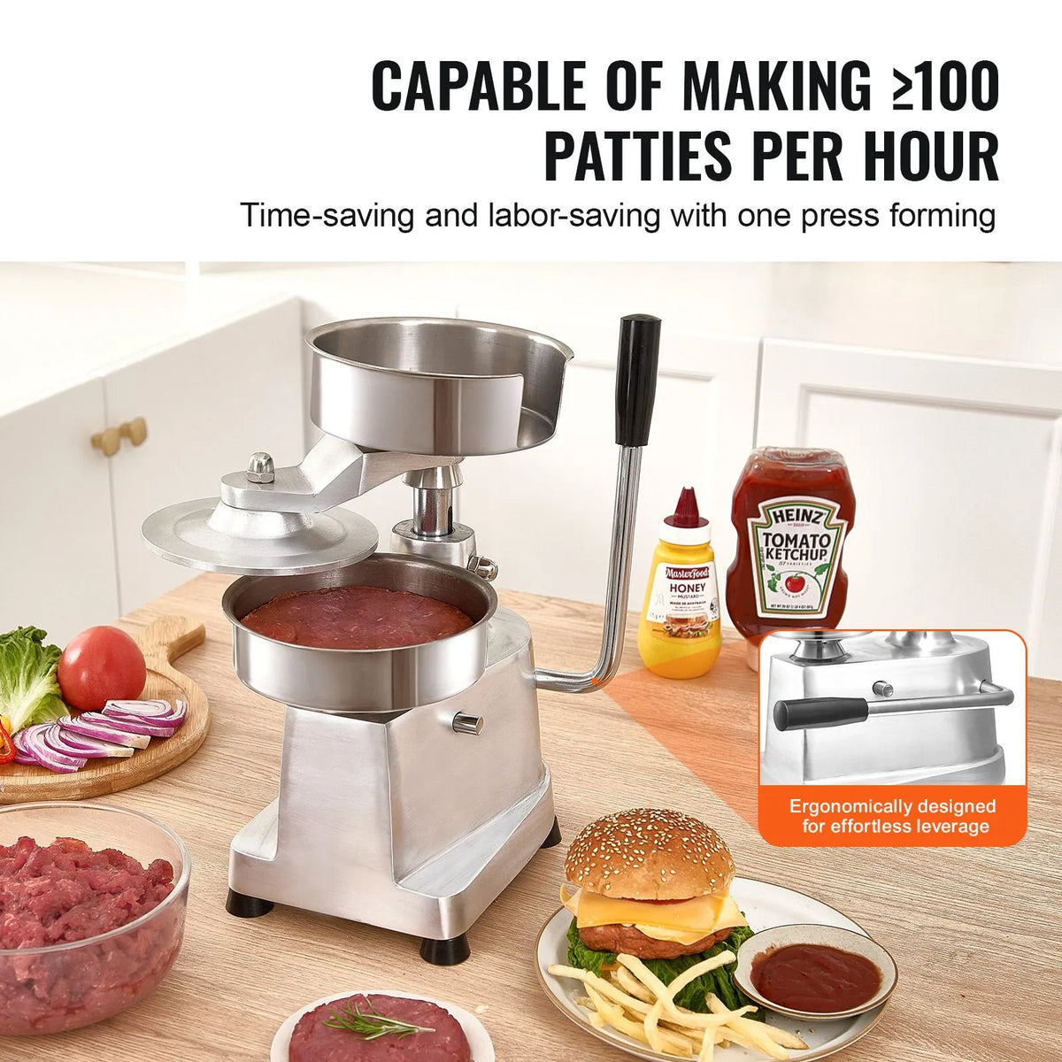 Commercial Burger Patty Maker, 150mm Hamburger Beef Patty Maker, Heavy Duty Food-Grade Stainless Steel Bowl Burger Press Machine, Kitchen Meat Forming Processor with 1000 Pcs Patty Papers - Image 2