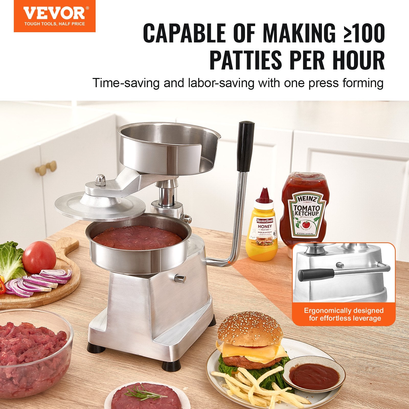Commercial Burger Patty Maker, 150mm Hamburger Beef Patty Maker, Heavy Duty Food-Grade Stainless Steel Bowl Burger Press Machine, Kitchen Meat Forming Processor with 1000 Pcs Patty Papers - Image 2