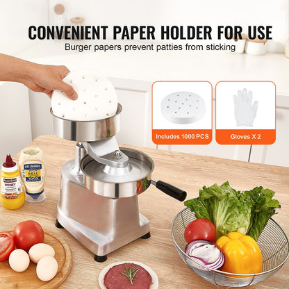 Commercial Burger Patty Maker, 150mm Hamburger Beef Patty Maker, Heavy Duty Food-Grade Stainless Steel Bowl Burger Press Machine, Kitchen Meat Forming Processor with 1000 Pcs Patty Papers - Image 4