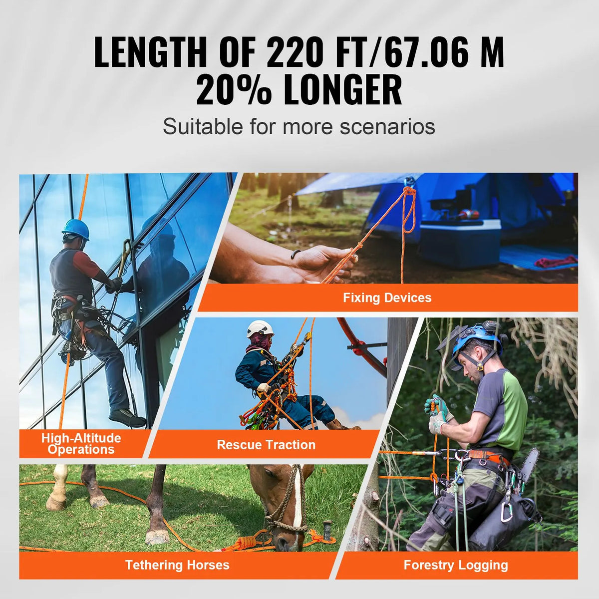 Double Braided Polyester Rope, 19 mm x 67.06 m, 24 Strands, 88.96kN Breaking Strength Outdoor Climbing Rope, Arborist Rigging Rope for Rock Hiking Camping Swing Rappelling Rescue, Orange/Black - Image 4