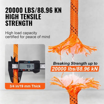 Double Braided Polyester Rope, 19 mm x 67.06 m, 24 Strands, 88.96kN Breaking Strength Outdoor Climbing Rope, Arborist Rigging Rope for Rock Hiking Camping Swing Rappelling Rescue, Orange/Black - Image 5