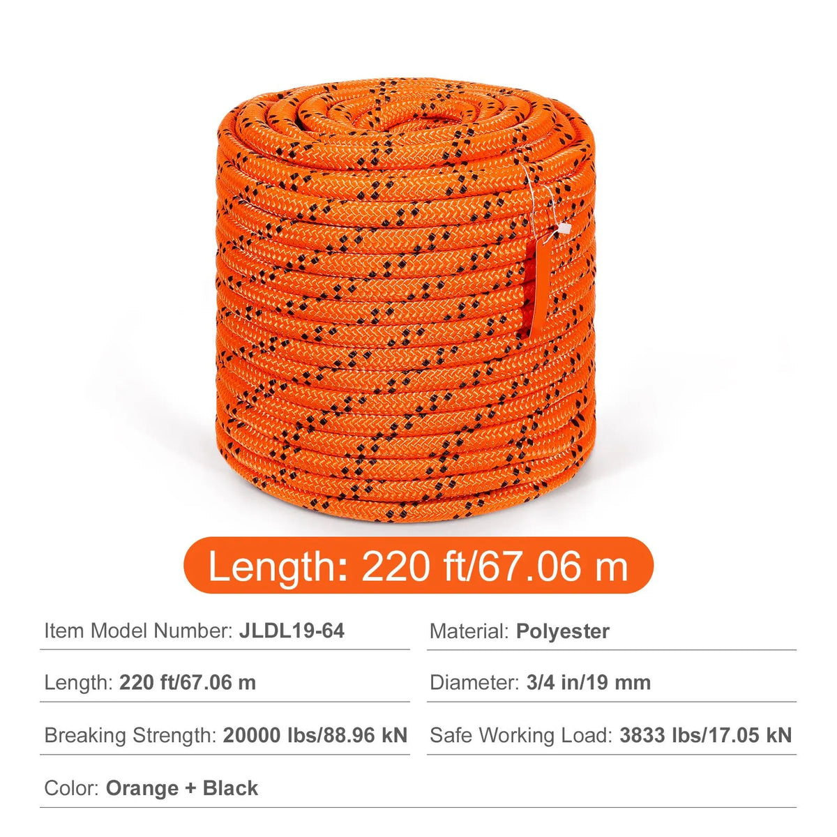 Double Braided Polyester Rope, 19 mm x 67.06 m, 24 Strands, 88.96kN Breaking Strength Outdoor Climbing Rope, Arborist Rigging Rope for Rock Hiking Camping Swing Rappelling Rescue, Orange/Black - Image 7