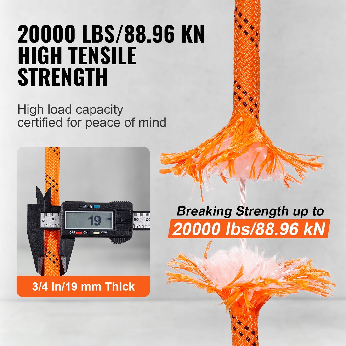 Double Braided Polyester Rope, 19 mm x 67.06 m, 24 Strands, 88.96kN Breaking Strength Outdoor Climbing Rope, Arborist Rigging Rope for Rock Hiking Camping Swing Rappelling Rescue, Orange/Black - Image 5