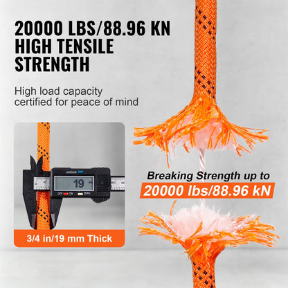 Double Braided Polyester Rope, 19 mm x 67.06 m, 24 Strands, 88.96kN Breaking Strength Outdoor Climbing Rope, Arborist Rigging Rope for Rock Hiking Camping Swing Rappelling Rescue, Orange/Black - Image 5