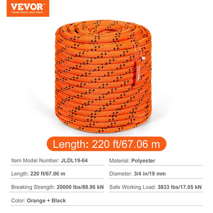 Double Braided Polyester Rope, 19 mm x 67.06 m, 24 Strands, 88.96kN Breaking Strength Outdoor Climbing Rope, Arborist Rigging Rope for Rock Hiking Camping Swing Rappelling Rescue, Orange/Black - Image 7