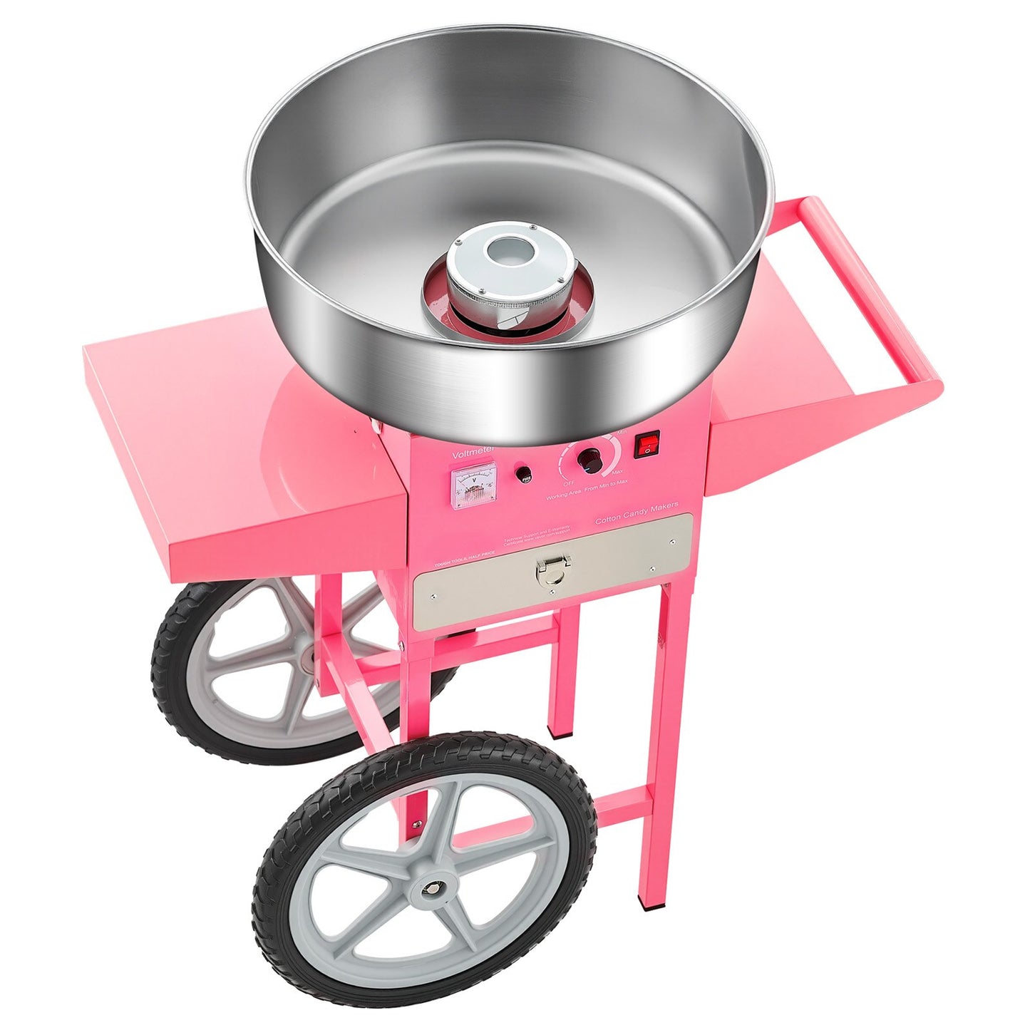 Electric Cotton Candy Machine with Cart, 1000W Commercial Candy Floss Maker with 52cm in Stainless Steel Bowl, Sugar Scoop, and Drawer, Easy to Use, for Home, Kids Birthday, Family Party, Pink