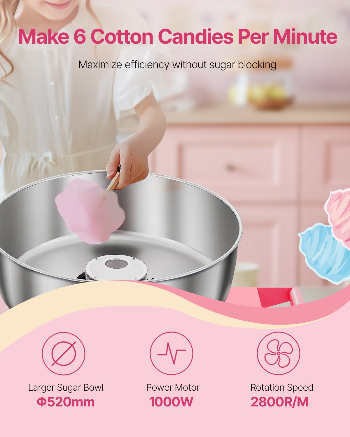 Electric Cotton Candy Machine with Cart, 1000W Commercial Candy Floss Maker with 52cm in Stainless Steel Bowl, Sugar Scoop, and Drawer, Easy to Use, for Home, Kids Birthday, Family Party, Pink - Image 2