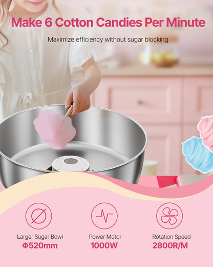 Electric Cotton Candy Machine with Cart, 1000W Commercial Candy Floss Maker with 52cm in Stainless Steel Bowl, Sugar Scoop, and Drawer, Easy to Use, for Home, Kids Birthday, Family Party, Pink - Image 2