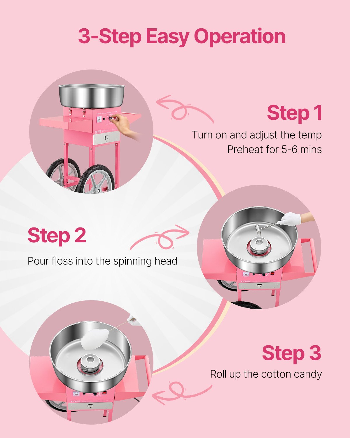 Electric Cotton Candy Machine with Cart, 1000W Commercial Candy Floss Maker with 52cm in Stainless Steel Bowl, Sugar Scoop, and Drawer, Easy to Use, for Home, Kids Birthday, Family Party, Pink - Image 3