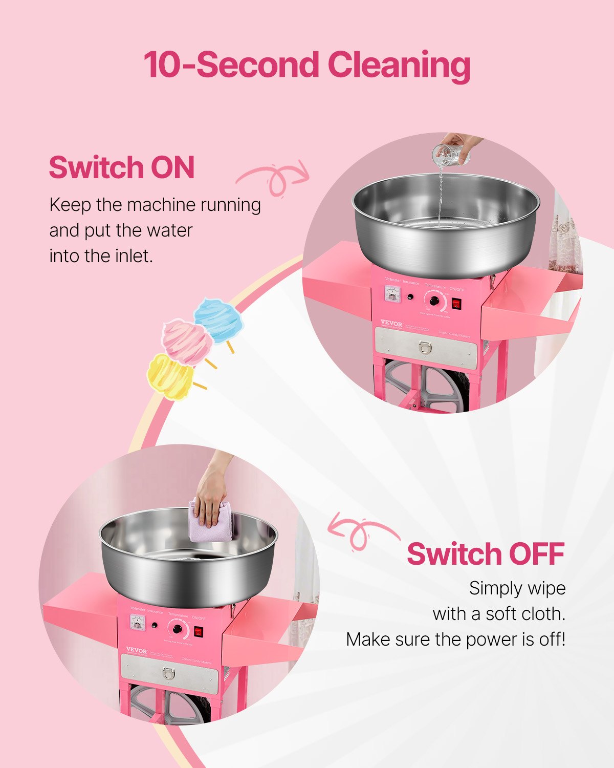 Electric Cotton Candy Machine with Cart, 1000W Commercial Candy Floss Maker with 52cm in Stainless Steel Bowl, Sugar Scoop, and Drawer, Easy to Use, for Home, Kids Birthday, Family Party, Pink - Image 4