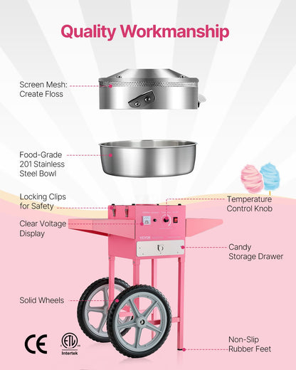 Electric Cotton Candy Machine with Cart, 1000W Commercial Candy Floss Maker with 52cm in Stainless Steel Bowl, Sugar Scoop, and Drawer, Easy to Use, for Home, Kids Birthday, Family Party, Pink - Image 5