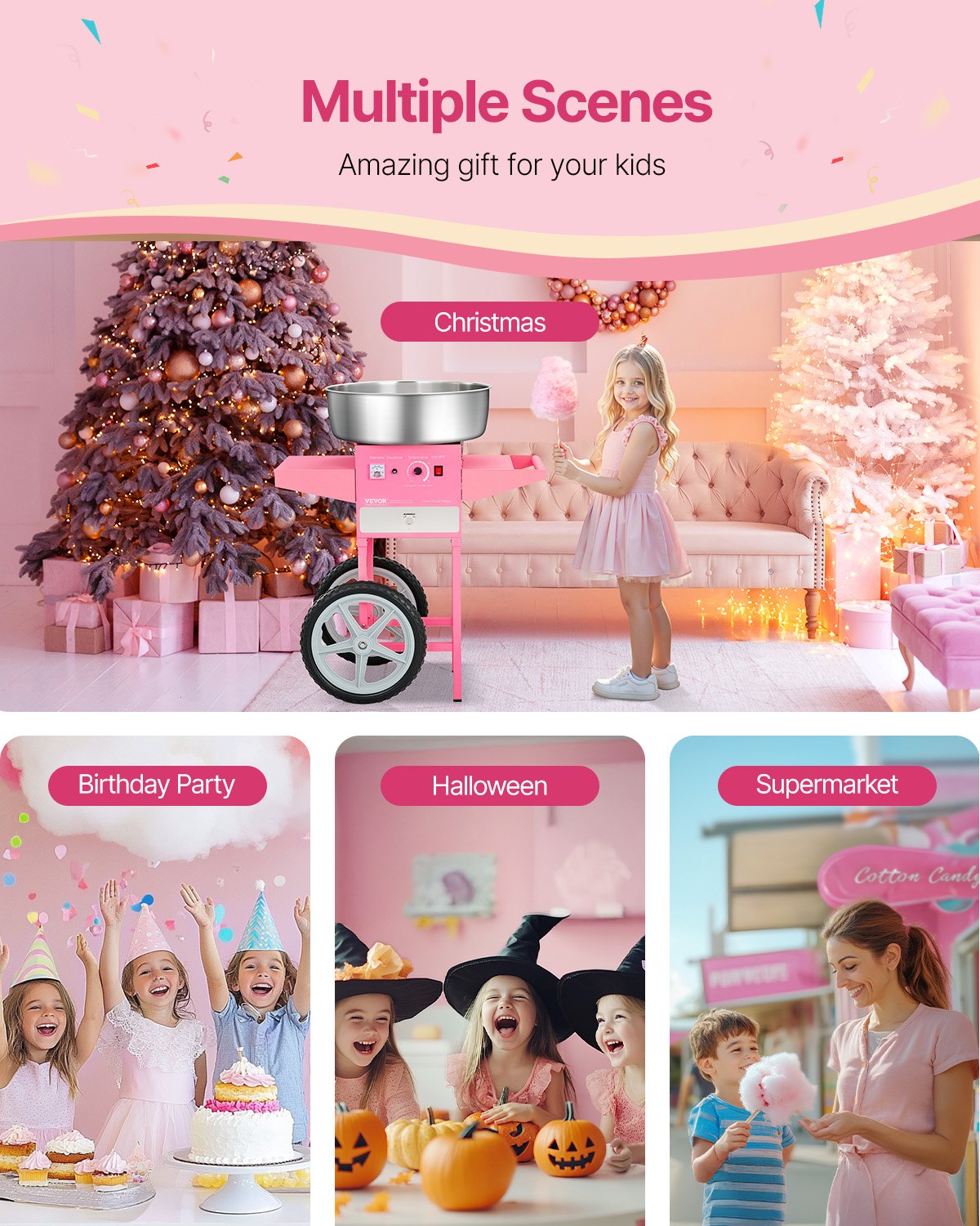 Electric Cotton Candy Machine with Cart, 1000W Commercial Candy Floss Maker with 52cm in Stainless Steel Bowl, Sugar Scoop, and Drawer, Easy to Use, for Home, Kids Birthday, Family Party, Pink - Image 6